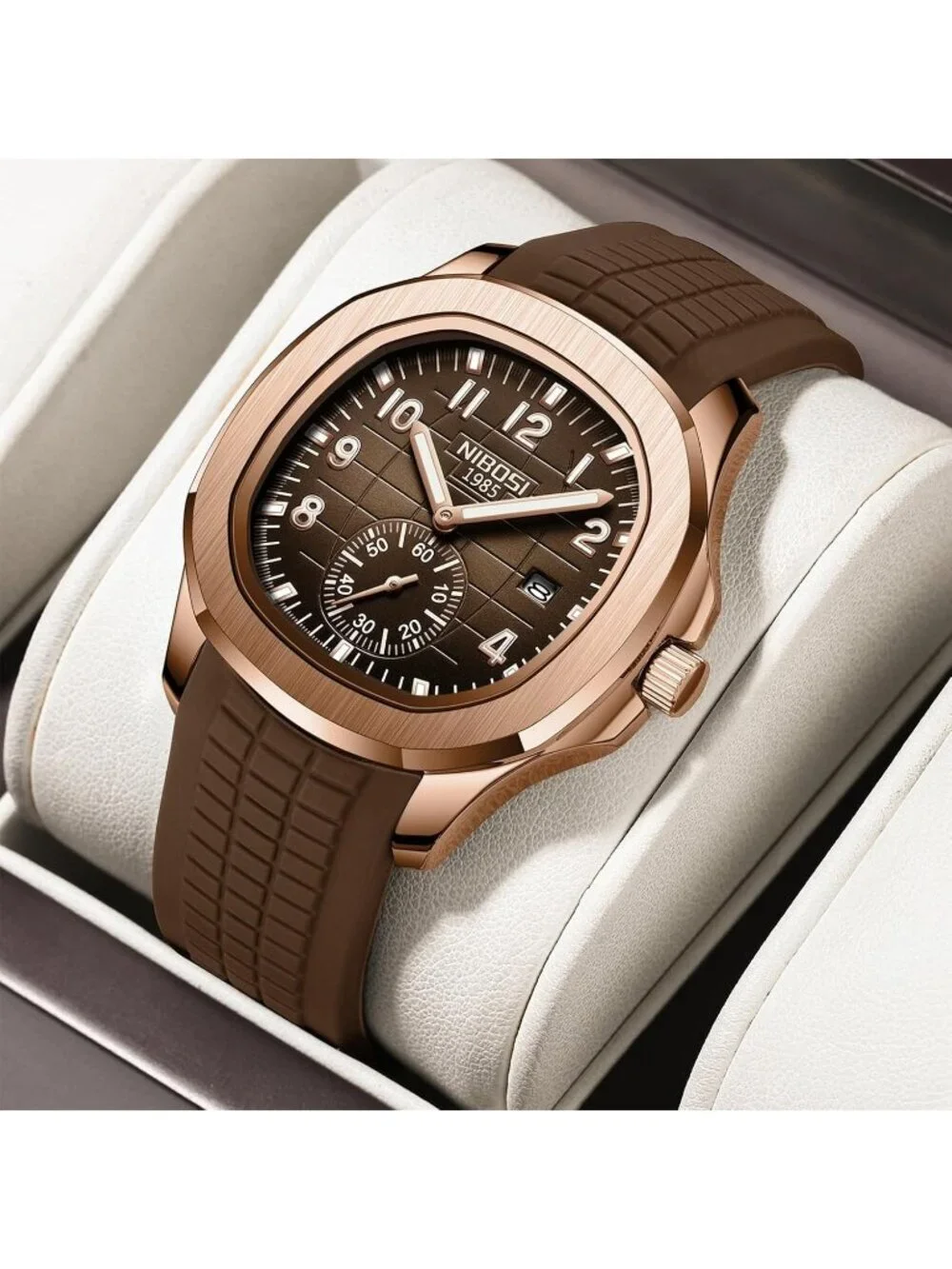 Men's Brown Silicone Strap Waterproof Fashion Casual Quartz Classic Wrist Watch